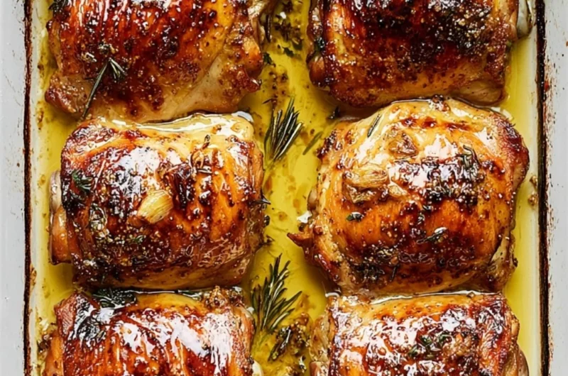Honey mustard chicken thighs served with vegetables on a plate.