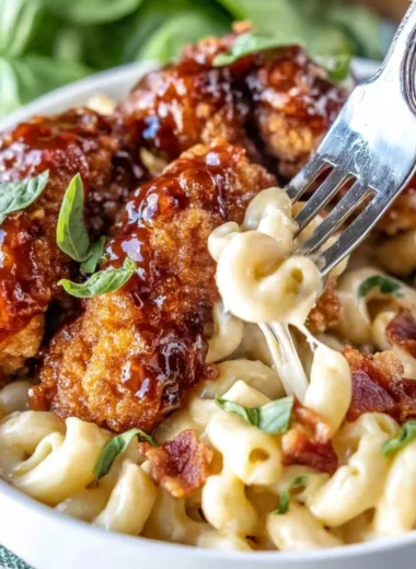 Creamy Honey Pepper Chicken Mac and Cheese dish served in a bowl