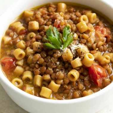 Delicious Italian pasta dish with lentils, garnished with fresh herbs