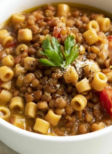 Delicious Italian pasta dish with lentils, garnished with fresh herbs