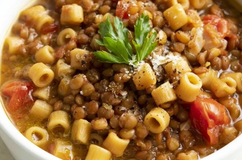 Delicious Italian pasta dish with lentils, garnished with fresh herbs