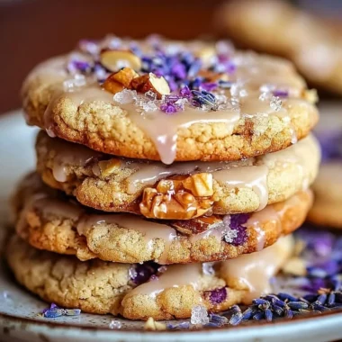 Lavender Honey Crunch Cookies on a plate with lavender sprigs