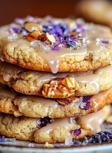 Lavender Honey Crunch Cookies on a plate with lavender sprigs