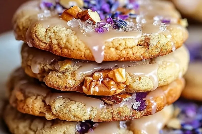 Lavender Honey Crunch Cookies on a plate with lavender sprigs
