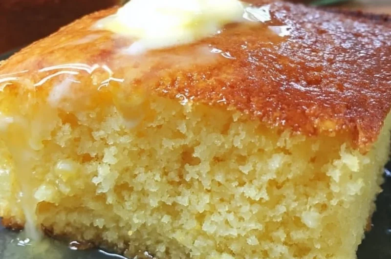 Deliciously moist Jiffy Cornbread served warm in a golden dish