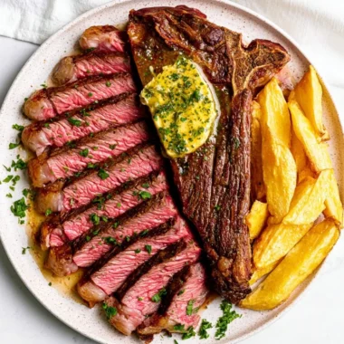 Juicy oven baked steak served with fresh herbs and vegetables