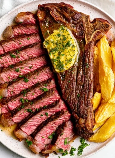 Juicy oven baked steak served with fresh herbs and vegetables