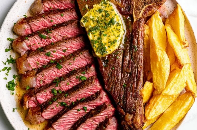 Juicy oven baked steak served with fresh herbs and vegetables