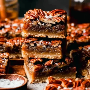 Delicious pecan pie bars topped with nuts and caramel, perfect for dessert.