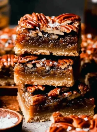 Delicious pecan pie bars topped with nuts and caramel, perfect for dessert.