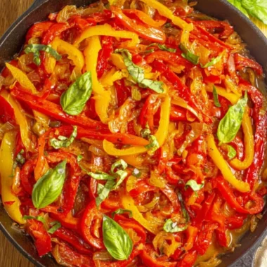 Bowl of pepper stew with colorful vegetables and herbs