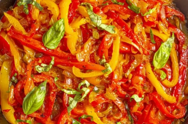 Bowl of pepper stew with colorful vegetables and herbs