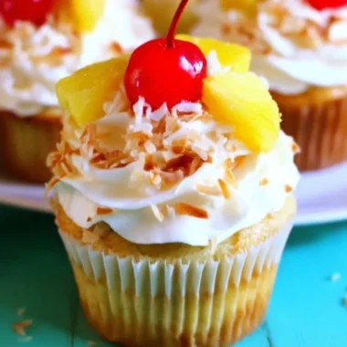 Pina Colada Cupcakes topped with coconut and pineapple frosting