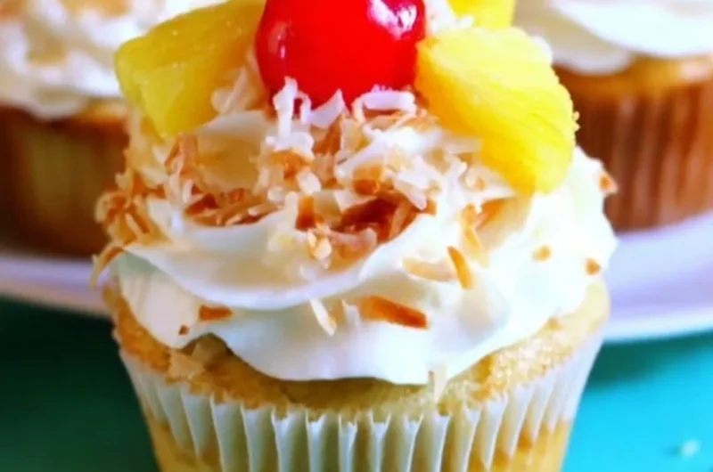Pina Colada Cupcakes topped with coconut and pineapple frosting