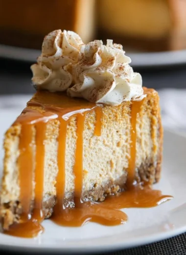 Delicious Pumpkin Cheesecake without a water bath, topped with whipped cream.