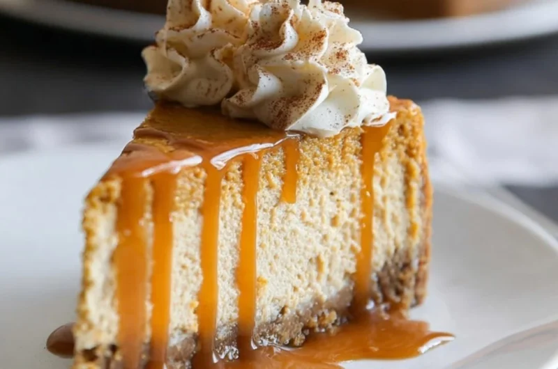 Delicious Pumpkin Cheesecake without a water bath, topped with whipped cream.
