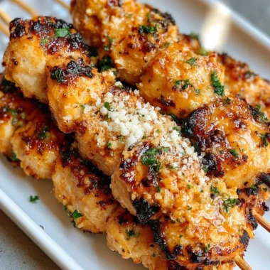 Ranch Garlic Parmesan Chicken Skewers on a wooden platter garnished with herbs