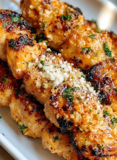 Ranch Garlic Parmesan Chicken Skewers on a wooden platter garnished with herbs