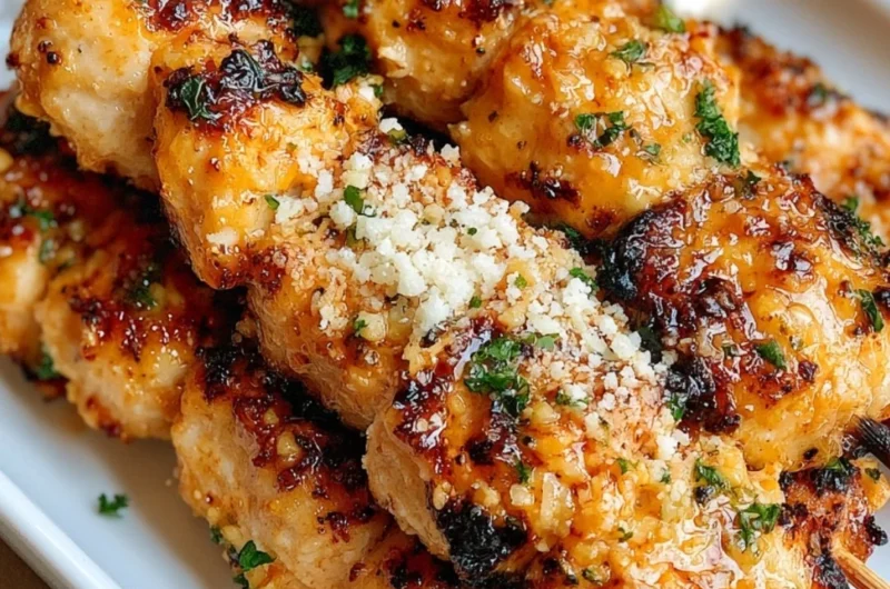 Ranch Garlic Parmesan Chicken Skewers on a wooden platter garnished with herbs