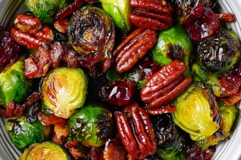 Roasted Brussels sprouts with bacon, toasted pecans, and dried cranberries in a bowl.