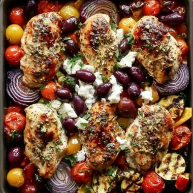 Sheet Pan Greek Chicken with colorful veggies arranged on a baking tray