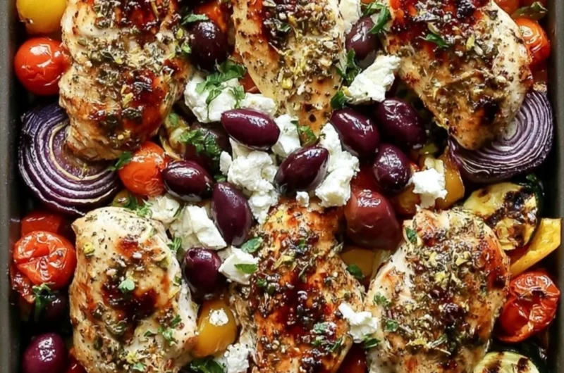 Sheet Pan Greek Chicken with colorful veggies arranged on a baking tray