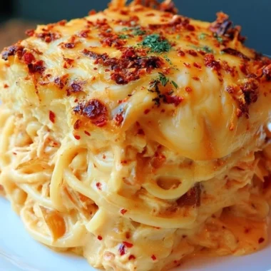 Delicious Spicy Southern Cheesy Chicken Spaghetti Casserole served in a dish