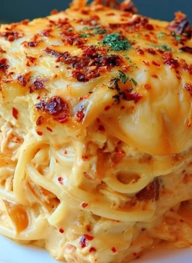 Delicious Spicy Southern Cheesy Chicken Spaghetti Casserole served in a dish