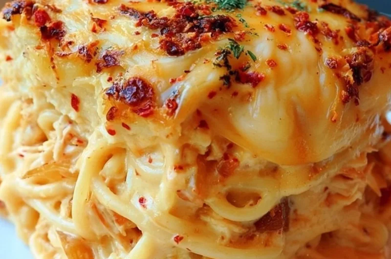 Delicious Spicy Southern Cheesy Chicken Spaghetti Casserole served in a dish