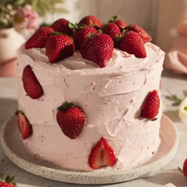 Delicious Strawberry Chocolate Cake topped with fresh strawberries and chocolate ganache.