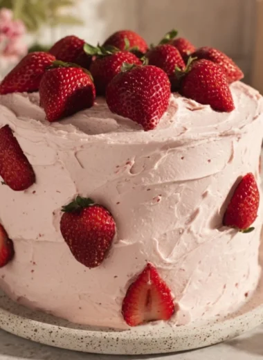 Delicious Strawberry Chocolate Cake topped with fresh strawberries and chocolate ganache.