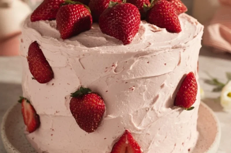 Delicious Strawberry Chocolate Cake topped with fresh strawberries and chocolate ganache.