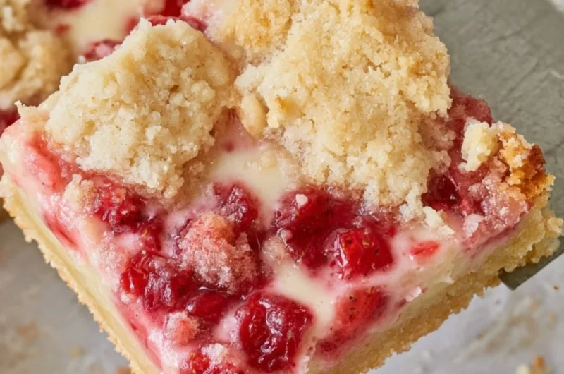 Delicious strawberry pie bars on a wooden table with fresh strawberries
