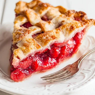 Freshly baked strawberry rhubarb pie on a wooden table with strawberries and rhubarb next to it.