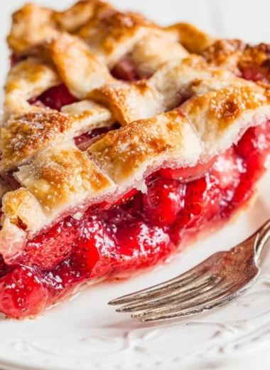 Freshly baked strawberry rhubarb pie on a wooden table with strawberries and rhubarb next to it.