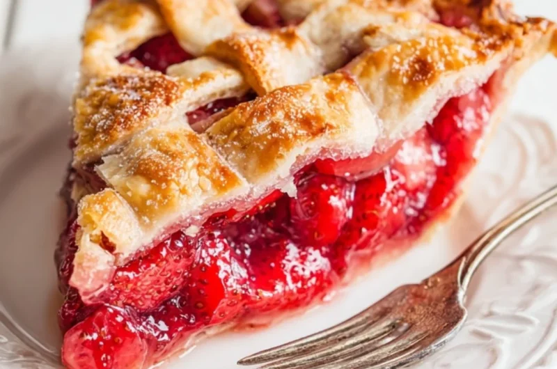 Freshly baked strawberry rhubarb pie on a wooden table with strawberries and rhubarb next to it.