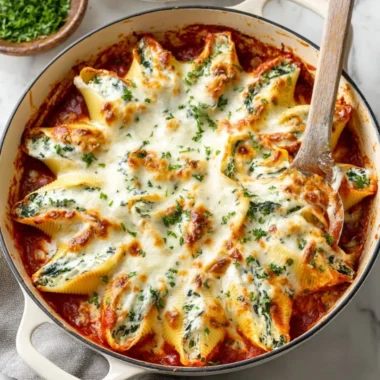 Plate of cheesy stuffed shells topped with marinara sauce and herbs