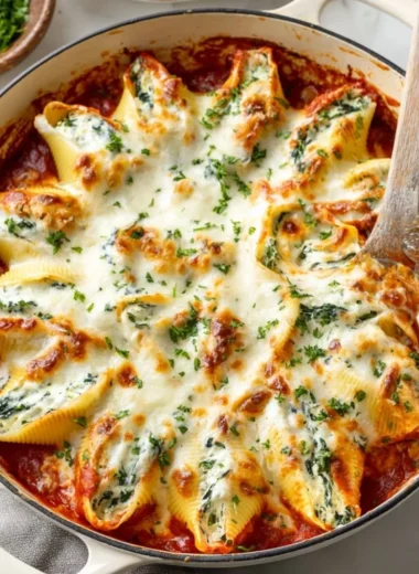 Plate of cheesy stuffed shells topped with marinara sauce and herbs