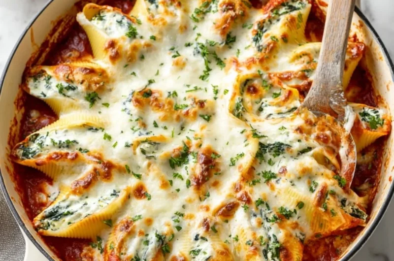 Plate of cheesy stuffed shells topped with marinara sauce and herbs