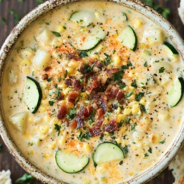 Bowl of summer Corn Zucchini Chowder with fresh herbs and vegetables