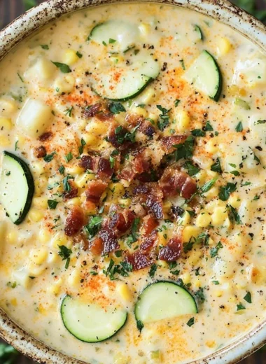 Bowl of summer Corn Zucchini Chowder with fresh herbs and vegetables