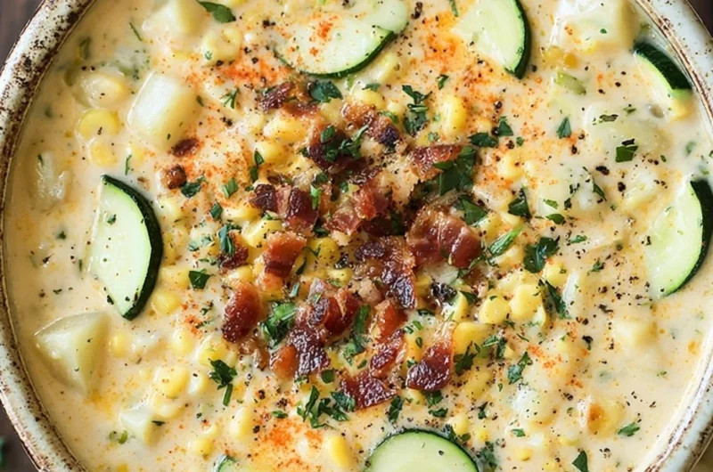 Bowl of summer Corn Zucchini Chowder with fresh herbs and vegetables