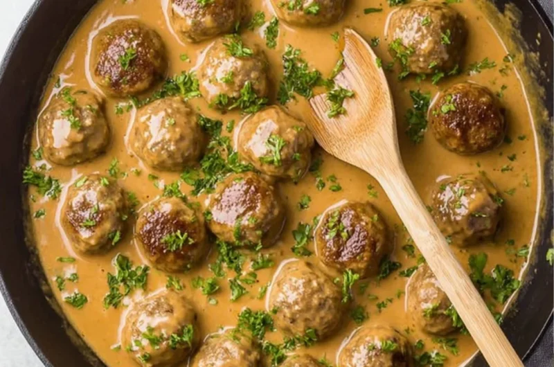 Serving of Swedish Meatballs with creamy sauce and herbs on a plate