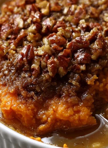 Delicious sweet potato casserole topped with pecans, perfect for Thanksgiving.