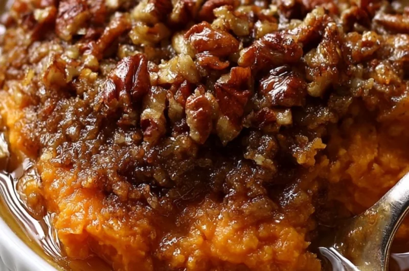 Delicious sweet potato casserole topped with pecans, perfect for Thanksgiving.