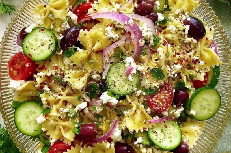Delicious tangy Mediterranean pasta salad with fresh veggies and herbs.