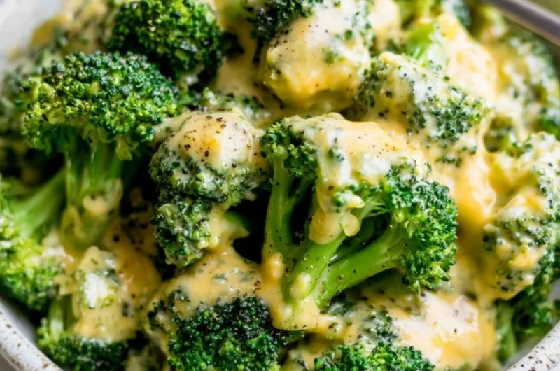 A delicious serving of cheesy broccoli topped with melted cheese.