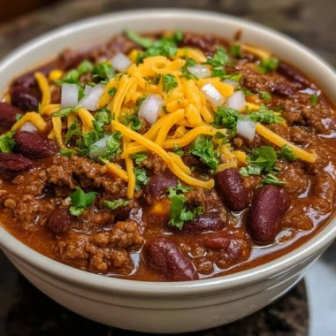 A bowl of the best homemade chili with beans and spices garnished with cilantro