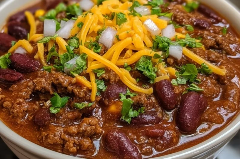 A bowl of the best homemade chili with beans and spices garnished with cilantro