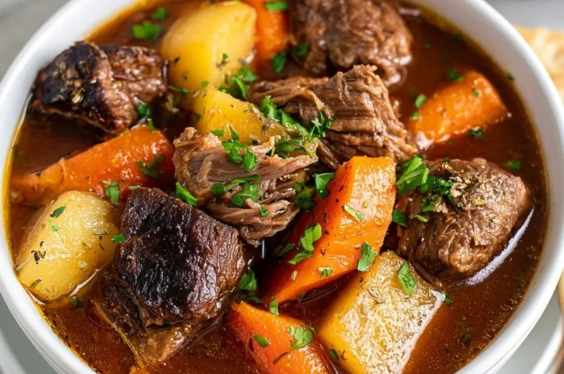Delicious bowl of Instant Pot beef stew with vegetables and herbs